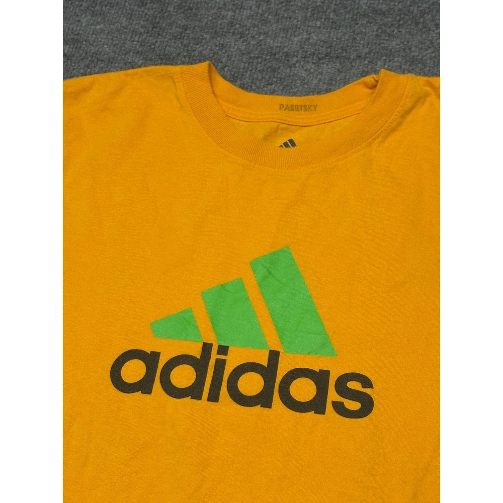 Adidas Mens Large Orange‎ Graphic T-Shirt Green Logo Short Sleeve Cotton Tee